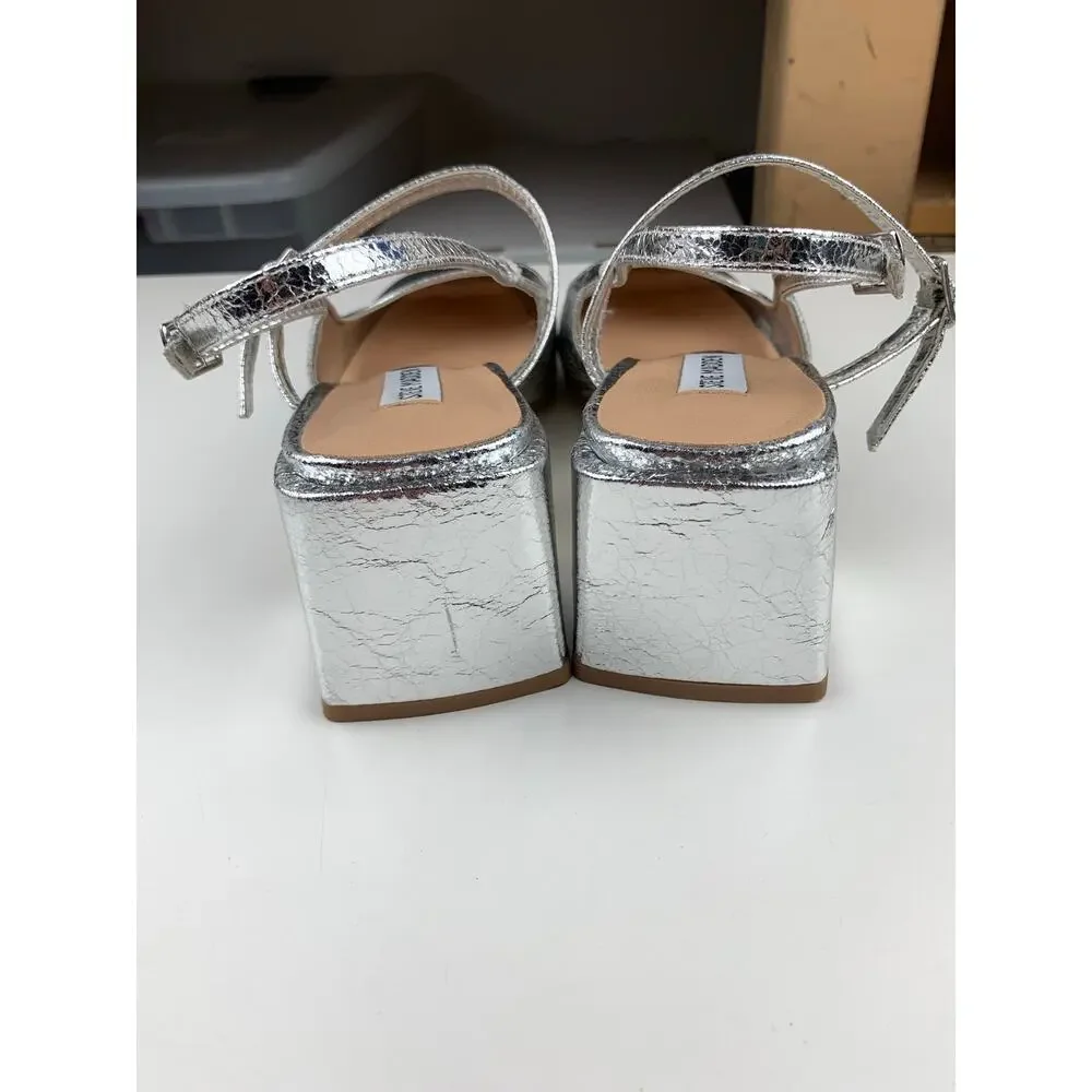 Steve Madden Emjay Block Heel Shoes Silver Slingback Pumps Women's 10 90s Y2K